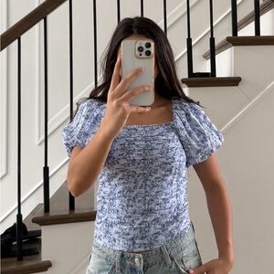 abercrombie kids Blue Floral Smocked Square-Neck Puff Sleeve Top